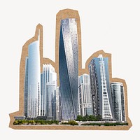 City skyline png sticker, brown paper border, office buildings & skyscrapers