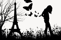 Paris silhouette background, girl walking alone