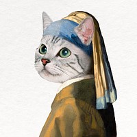 Cat head woman collage element, Johannes Vermeer's artwork remixed by rawpixel vector