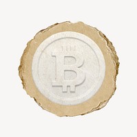 Bitcoin, cryptocurrency icon sticker, ripped paper badge psd