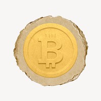 Gold bitcoin, cryptocurrency icon, ripped paper badge