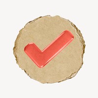 Tick mark icon, red sticker, ripped paper badge psd