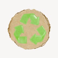 Green recycle symbol, environment icon, ripped paper badge
