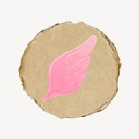 Pink angel wing icon, ripped paper badge