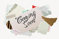 Coming soon word typography, aesthetic paper collage psd