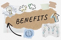 Benefits word typography, business doodle, paper collage