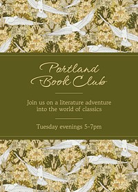 Book club invitation card template, green bird pattern psd, famous Maurice Pillard Verneuil artwork remixed by rawpixel