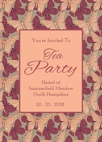 Tea party invitation card template, vintage butterfly pattern psd, famous Maurice Pillard Verneuil artwork remixed by rawpixel