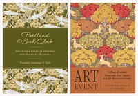 Nature pattern invitation card template, event ad dual set psd, famous Maurice Pillard Verneuil artwork remixed by rawpixel