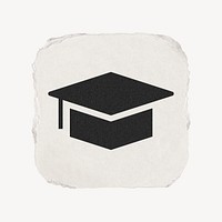 Graduation cap, education icon, ripped paper design psd