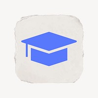 Graduation cap, education icon, ripped paper design vector