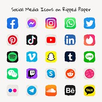 Popular social media icons psd set in ripped paper design with Facebook, Instagram, Twitter, TikTok, YouTube etc. 13 MAY 2022 - BANGKOK, THAILAND