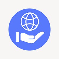 Hand presenting globe icon badge, flat circle design vector