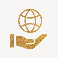 Hand presenting globe gold icon, glittery design vector