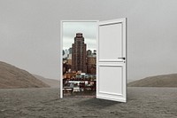 Door to city background, environment, psd