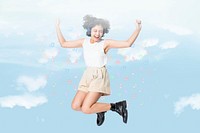 Woman enjoying music background, cloudy sky design