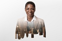 Smiling African American businesswoman background, surreal design 