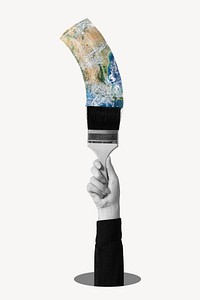 Hand holding paintbrush background, remixed media design psd