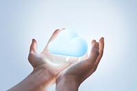 Cloud background, 3D illustration, hand holding, remixed media design