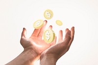 Dollar coins background, 3D illustration, hand holding, remixed media design