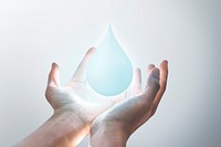 Water drop background, 3D illustration, hand holding, remixed media design