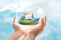 Alternative energy background, hand holding, remixed media design psd