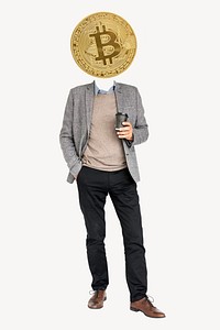 Bitcoin head businessman, finance remixed media psd