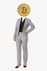 Bitcoin head businesswoman, finance remixed media psd