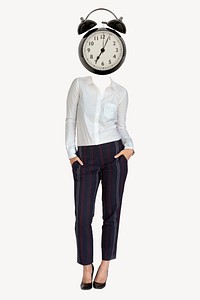 Alarm clock head businesswoman, HR business remixed media psd