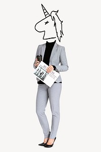 Unicorn head businesswoman, startup business remixed media psd