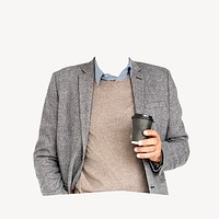 Headless businessman sticker, holding coffee cup image psd