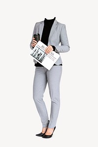 Headless businesswoman sticker, holding newspaper, full body image psd