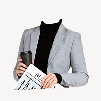 Headless businesswoman sticker, holding newspaper image psd