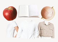 Surreal education students, apple, book, globe head psd