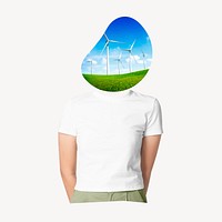 Wind turbine head woman, environment remixed media psd