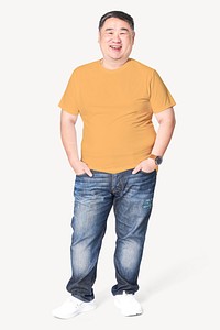 Plus-size mature man, yellow t-shirt, full body image psd
