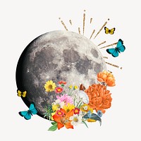 Surreal floral moon sticker, galaxy graphic psd