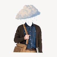 Raining cloud head man, depression, mental health remixed media psd