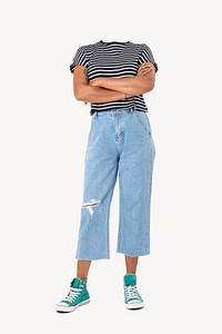 Headless woman wearing striped t-shirt, casual fashion psd