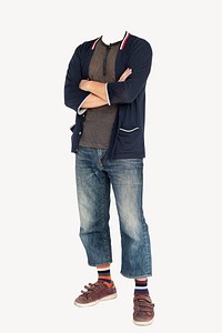 Headless man wearing blue cardigan, men's casual fashion psd