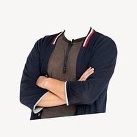 Headless man wearing blue cardigan, men's casual fashion psd