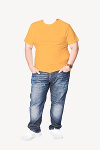 Headless plus-size man wearing yellow t-shirt image psd