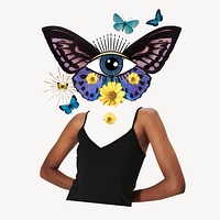 Butterfly head woman, spiritual abstract remixed media psd