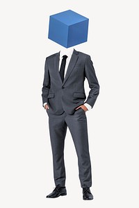 Blue box head businessman, tech company remixed media psd