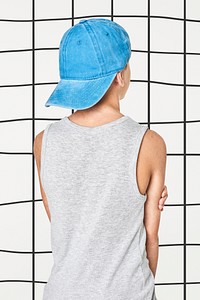 Back view boy's gray tank top with blue cap