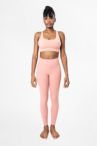 Woman mockup psd in pink sports bra and leggings sportswear fashion set