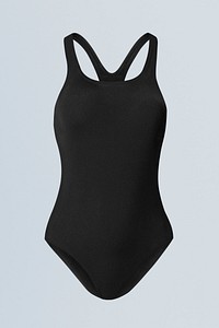 Black one-piece swimsuit mockup psd senior women’s summer apparel