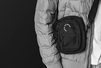 Black crossbody bag mockup psd with back to basic typography sporty apparel shoot