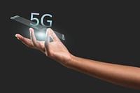 Male hand holding phone 5g hologram with black background
