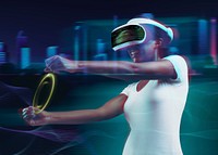 African American woman experiencing metaverse, playing a virtual video game
